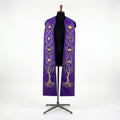 Violet Jesse Tree Clergy Stole shown front on with the gold and silver tree and O Antiphon symbols
