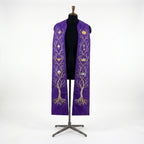 Violet Jesse Tree Clergy Stole shown front on with the gold and silver tree and O Antiphon symbols