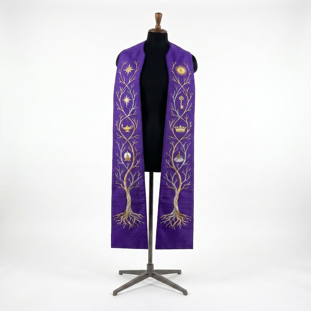 Violet Jesse Tree Clergy Stole shown front on with the gold and silver tree and O Antiphon symbols