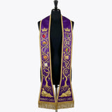 Violet Rorate Caeli Jesse Tree Clergy Stole shown front on with all six medallions per panel visible