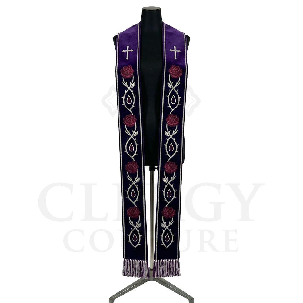 Violet velvet-look Rose and Thorn Clergy Stole shown front on with the silver cross and rose vine on both panels