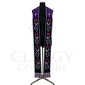 Violet velvet-look Rose and Thorn Clergy Stole shown front on with the silver cross and rose vine on both panels