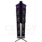 Violet velvet-look Rose and Thorn Clergy Stole shown front on with the silver cross and rose vine on both panels