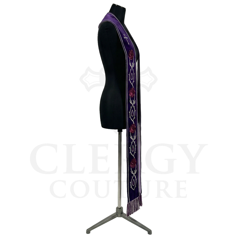Side profile of the violet velvet-look Rose and Thorn Clergy Stole showing the thorn vine and lavender fringe