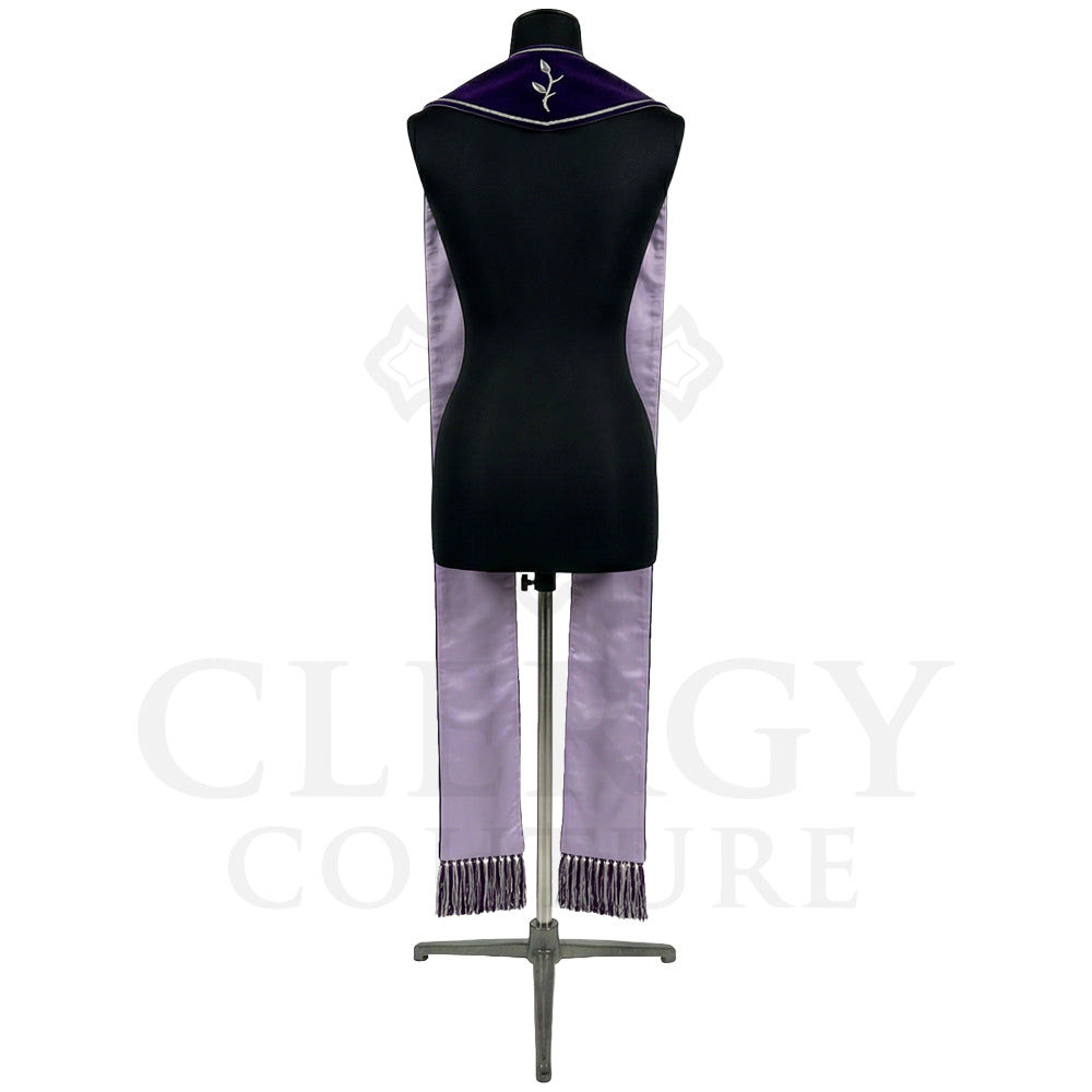 Back view of the violet velvet-look Rose and Thorn Clergy Stole showing the lighter lavender satin-look reverse panels