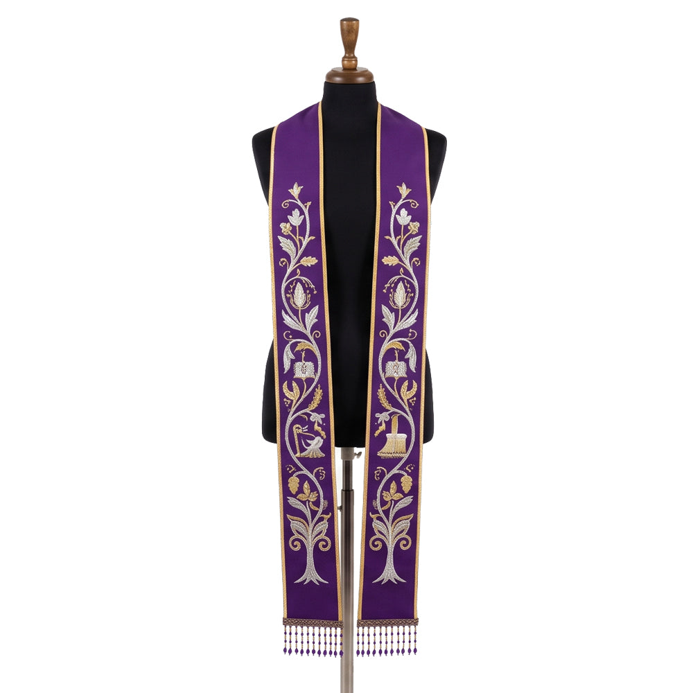 Violet stole laid flat with a continuous silver and gold vine embroidery running each panel to a tree motif at the hem.