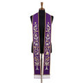Violet stole laid flat with a continuous silver and gold vine embroidery running each panel to a tree motif at the hem.