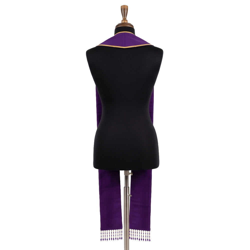Back view of the violet vine stole on a dress form, showing the plain gold-piped collar with no embroidery.