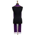 Back view of the violet vine stole on a dress form, showing the plain gold-piped collar with no embroidery.