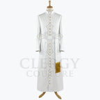Front view of a white clergy cassock robe with a full-length gold button placket and a gold fringed tassel at the waist.