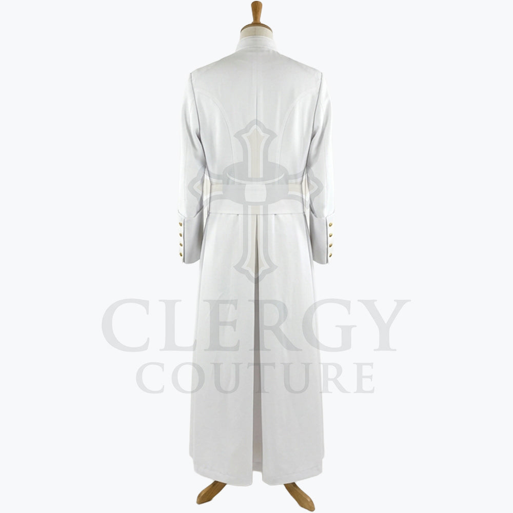 Back view of the white cassock robe, showing the plain back and the centre vent through the skirt.