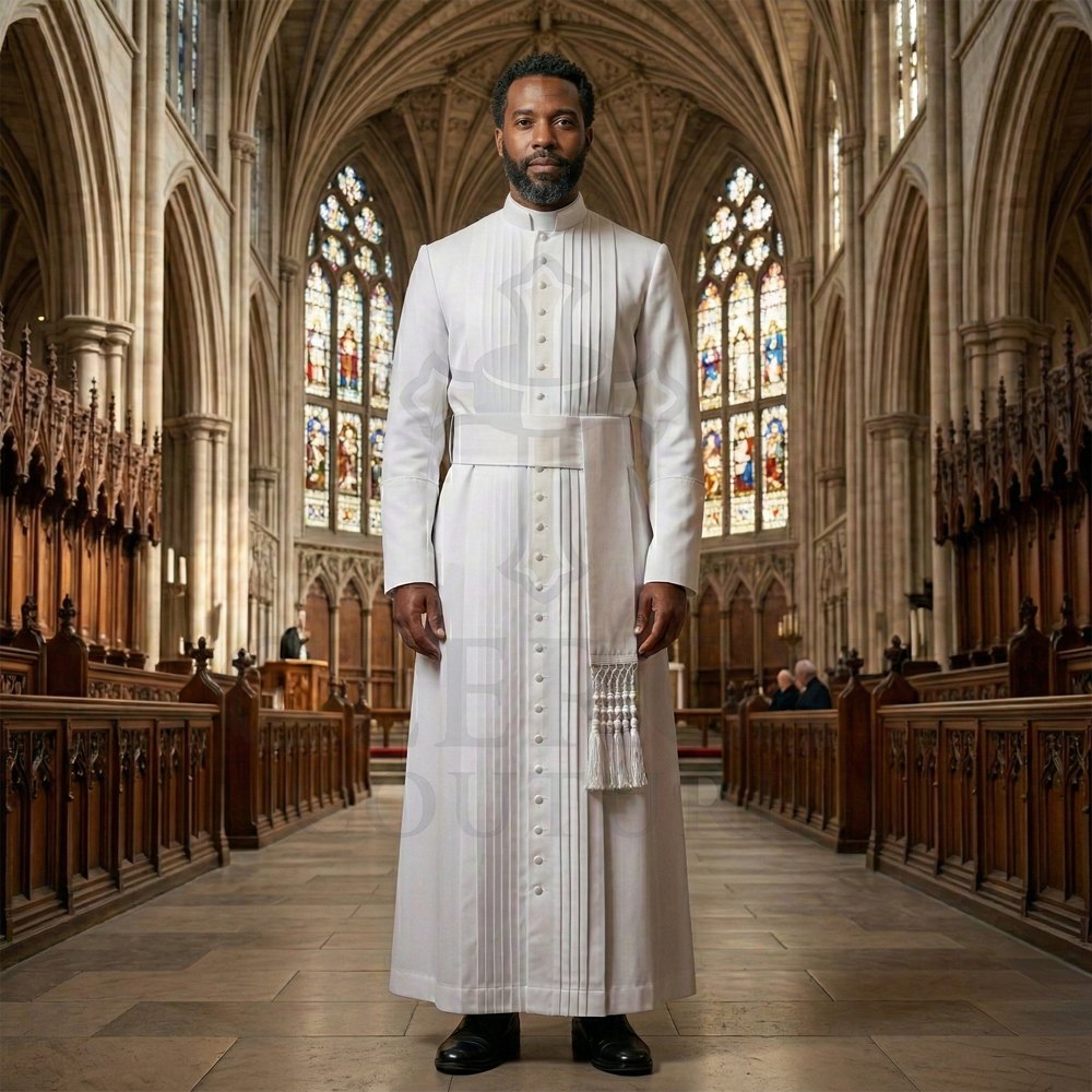 A pastor wearing the white pleated cassock robe with its sash belt, standing in a cathedral nave.