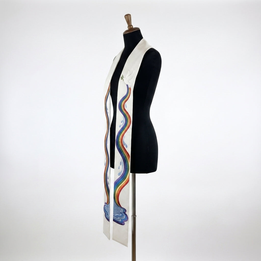 Close side view of the white baptism stole's dove and rainbow embroidery with small water droplets in relief
