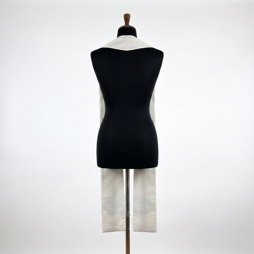 Back view of the white baptism stole showing its plain shaped yoke with no embroidery visible from behind