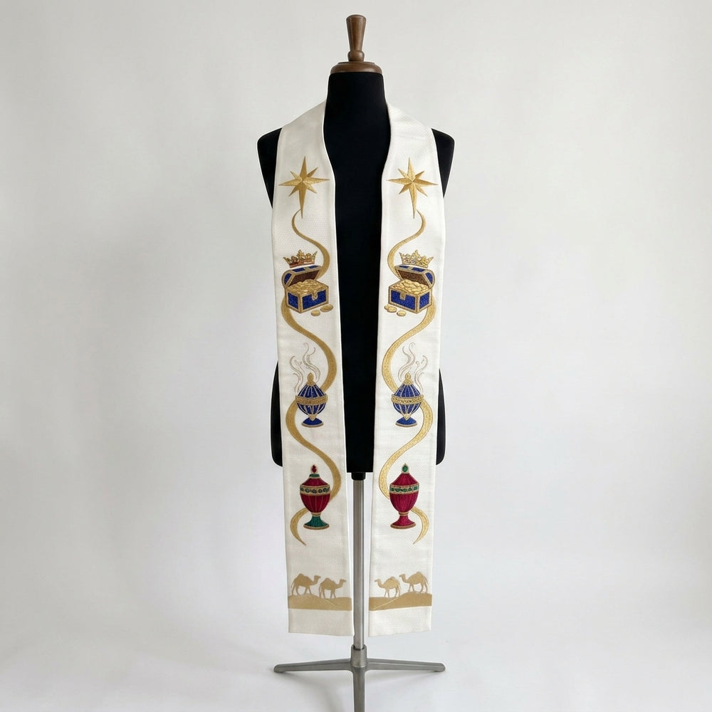 Front view of the White and Gold Epiphany Stole, showing the star, treasure chest, censer, urn and camel caravan sequence.