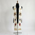 Front view of the White and Gold Epiphany Stole, showing the star, treasure chest, censer, urn and camel caravan sequence.