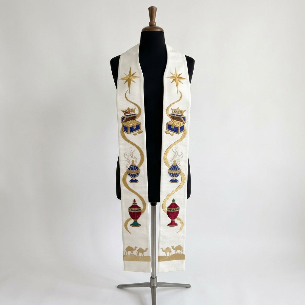 Front view of the White and Gold Epiphany Stole, showing the star, treasure chest, censer, urn and camel caravan sequence.