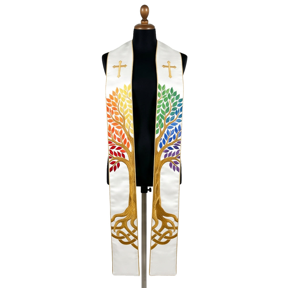 White clergy stole on a bust form, each panel showing a gold Tree of Life with rainbow leaves and Celtic knot roots.