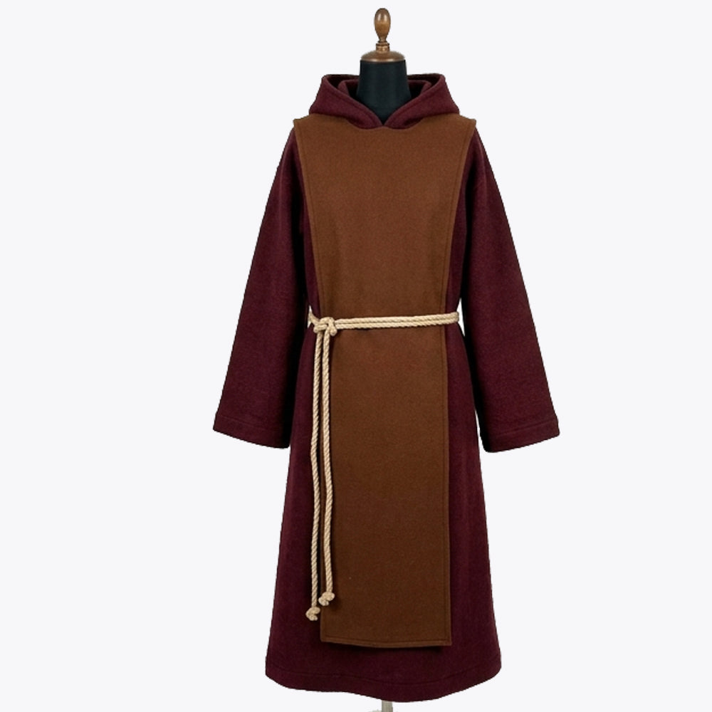 Front full-length view of a wine red monk habit with a rust and cognac scapular, hood and sleeves matching