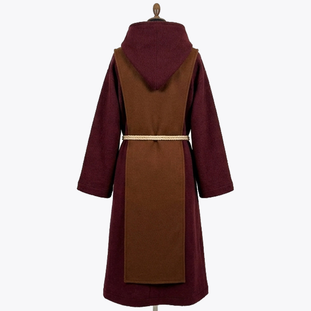 Back view of the wine red habit showing the rust scapular panel continuing down the centre back