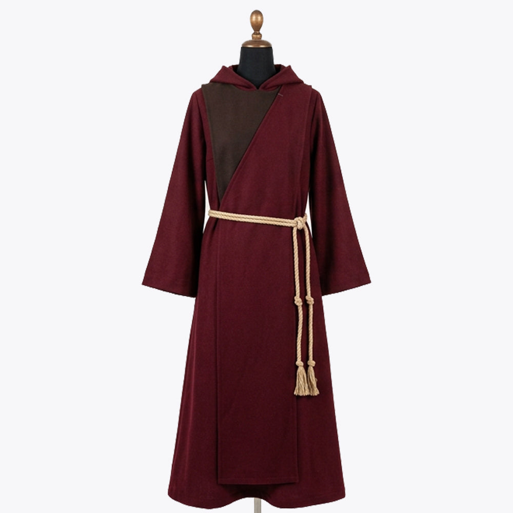 Front view of a wine wool monk habit with an asymmetric wrap front and rope cincture