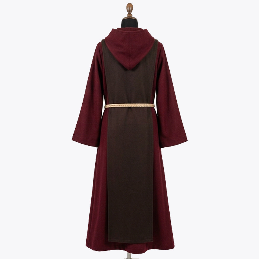 Back view of the wine monk habit showing the straight back panel and pointed hood