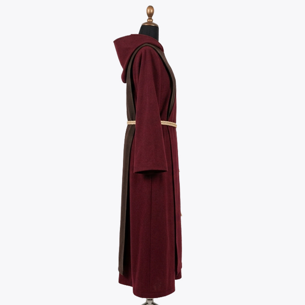 Side profile of the wine monk habit showing the brown trim and heavier wool drape